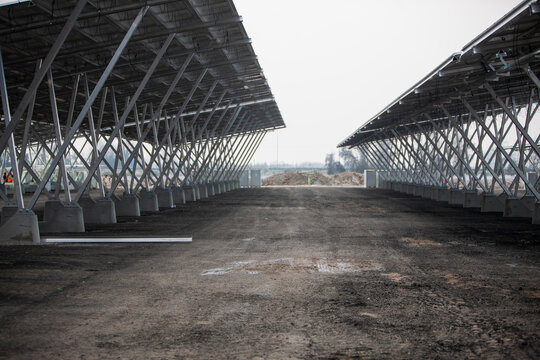Building site of solar car park in winter. Italy