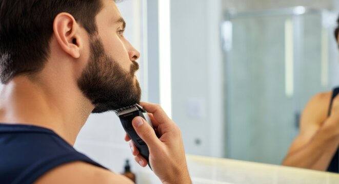 Man grooming beard with electric trimmer in bathroom