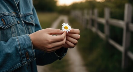 Person holding daisy flower on country path