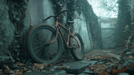 Obraz premium Abandoned rusty bicycle amidst overgrown foliage in a forgotten pathway