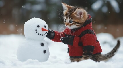 Adorable Kitten in Red Jacket Meets Snowman in Winter