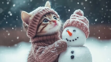 Adorable Kitten in Sweater with Snowman in Winter