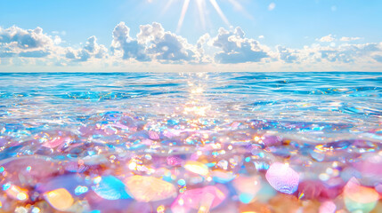 Sparkling ocean waves, sunny sky, beach background, summer vacation