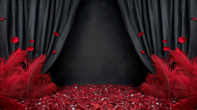 Dramatic black and red stage with rose petals and feathers for luxury events and romantic performances