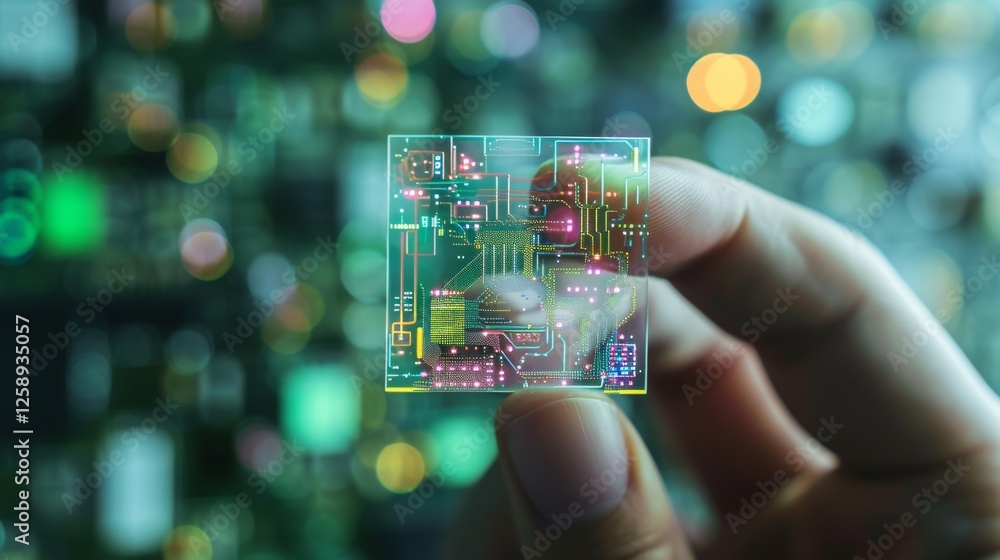 Poster a detailed view of a high-tech microchip held between fingers, featuring colorful and intricate circ