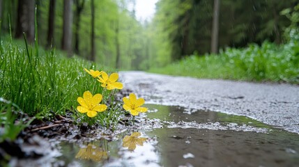 Fototapeta premium Rainy day forest path, yellow flowers, puddle reflection, nature walk