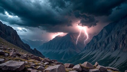 Lightning Strikes Dark Clouds Over Rocky Mountains