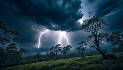 Lightning striking dark clouds over grassy hillside with silhouetted trees