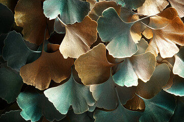 Gleaming Metallic Ginkgo Leaves in Bronze and Pale Green with Shadows"
