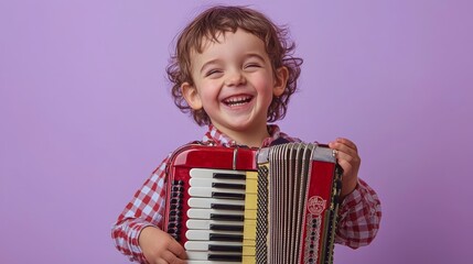 Joyful Child Playing Accordion with Bright Smile Against Purple Background