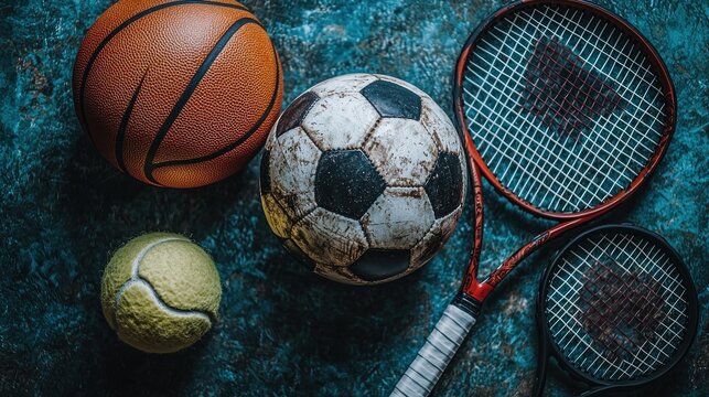 Worn sports balls, rackets, textured background, athletic equipment - Powered by Adobe