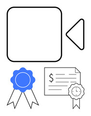 Camera icon beside blue ribbon, certificate with dollar sign, and time-based award suggest recognition, quality, achievement. Ideal for videography, certification, awards, quality assurance