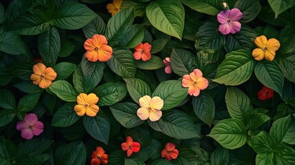Colorful Flowers Blooming Amongst Lush Green Leaves