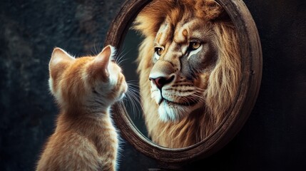 Kitten gazing at a lion's reflection in a mirror.
