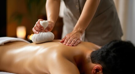 Female masseuse applying heated herbal compress on male client's back during spa treatment