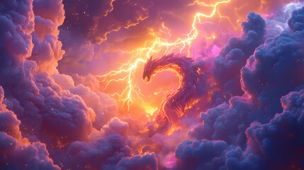 A fantastical 3d render of a sentient cloud shaped like a dragon, with lightning illuminating its core, under a radiant, colorful sky. Sentient Storms. Illustration