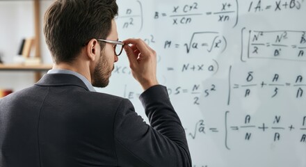 Man solving complex mathematical equations on whiteboard