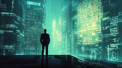 Silhouette of a businessman standing in a futuristic city with glowing digital data streams.