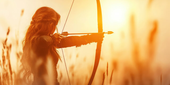 A female archer. Young woman holding a wooden vintage bow and arrow.