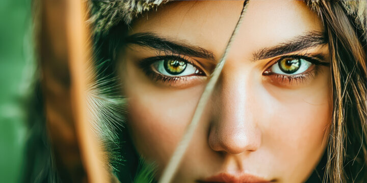 A female archer. Young woman holding a wooden vintage bow and arrow.