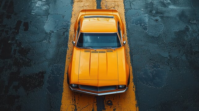 Yellow Classic Car Parked Asphalt Road Top View
