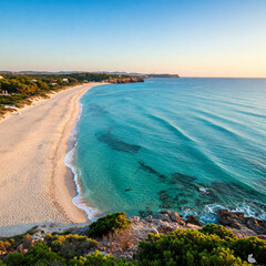 Landscape of a long beach with blue water. Perfect destination for a summer holiday 