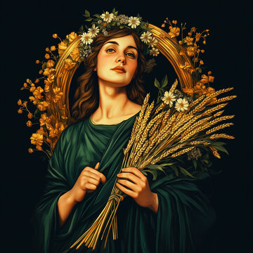 Demeter mit Weizen und Blumen in eleganter Pose vor gr&uuml;nem Hintergrund


