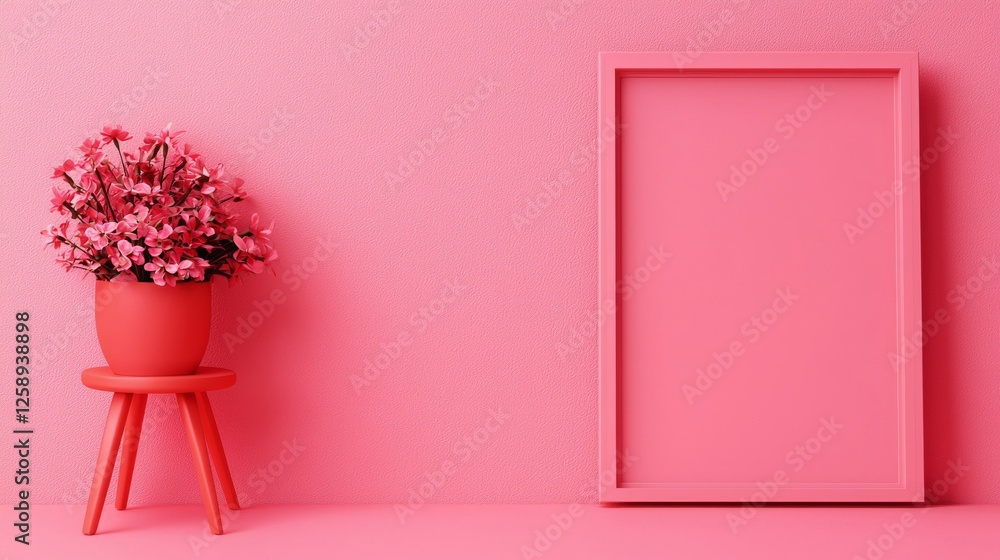 Poster seo keywords and trend. pink background with a flower pot and an empty frame on a stool.