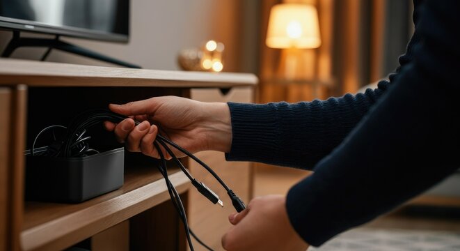 Person organizing cables in living room setting