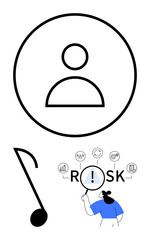 Circular user icon, musical note, and person examining RISK with magnifying glass. Ideal for safety, identity, analysis, creativity, data security, decision-making abstract line flat metaphor