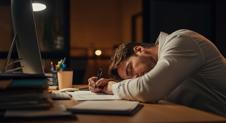 Tired man sleeping on desk while working at night