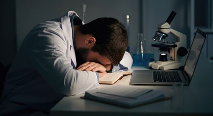 Male scientist asleep at desk with laptop, books, and microscope