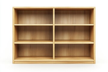 Empty light wood bookcase, studio shot,  isolated on white background