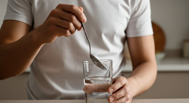 Person stirring glass of water with spoon in kitchen