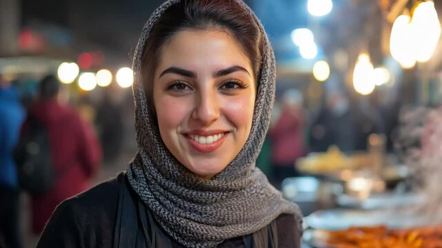 Smiling young muslim North African woman posing inside her villa in the Arabic style	