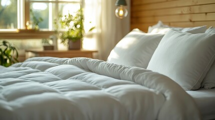 Cozy bedroom setup with a weighted blanket and crisp white sheets in soft grey tones