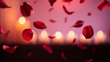 Rose petals falling down against the background of burning candles