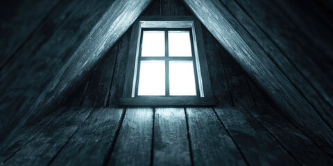 Window in old wooden attic of house under roof, view inside. Childhood fears, spooky haunted attic.