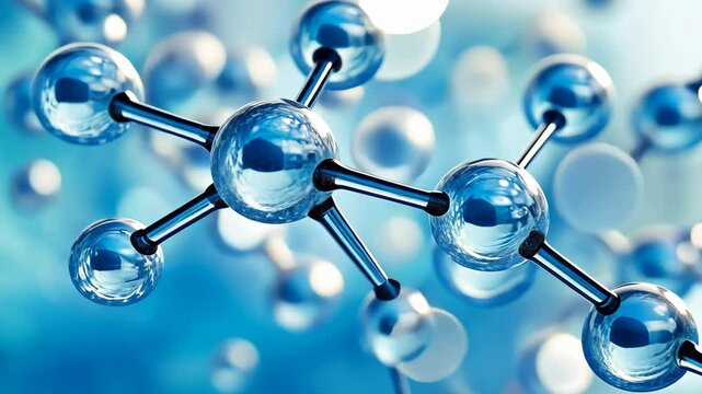 Dynamic molecular structure rotation in blue abstract background