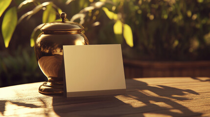 Funeral Mockup with Memorial Urn and Blank Card for Personalization