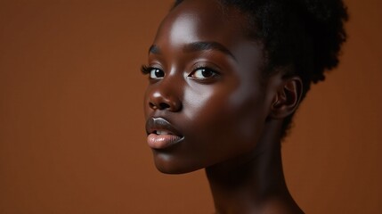 A striking portrait of a woman with a smooth, matte complexion.