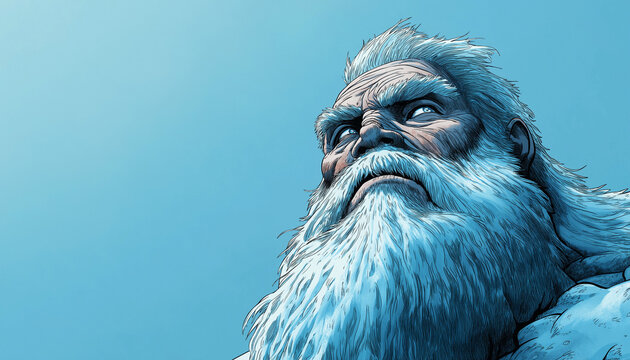Ein w&uuml;tender, mythologischer Charakter mit vollem Bart und eisblauem Hintergrund.

