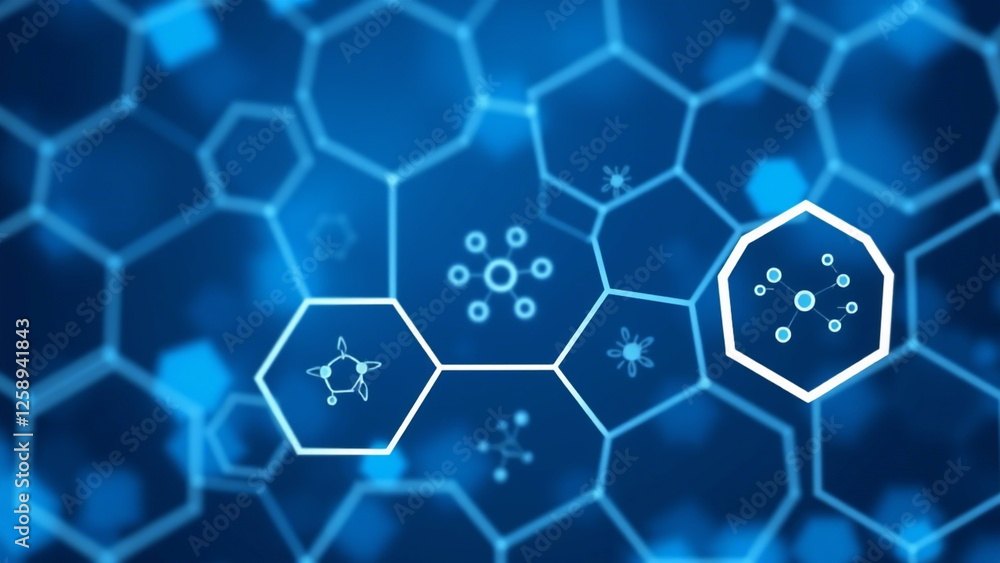 Poster abstract technological background made of white hexagons with purple glow. seamless loop