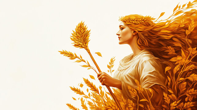 Eine mystische Gestalt in goldener Kleidung, umgeben von reifem Getreide. germanische G&ouml;ttin Sif

