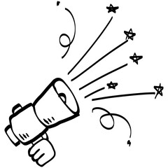 Sketch megaphone message sticker. Drawing doodle bullhorn news speaker. Drawn announcement advertising. Loudspeaker attention announce.