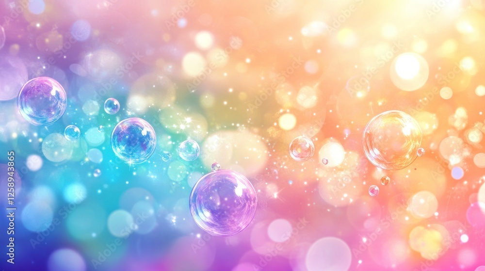 Poster rainbow bubbles float in a sparkling background