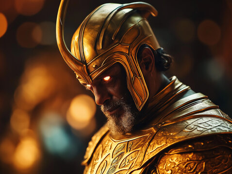 Goldener Gott Heimdall in futuristischem Anzug in industrieller Umgebung

