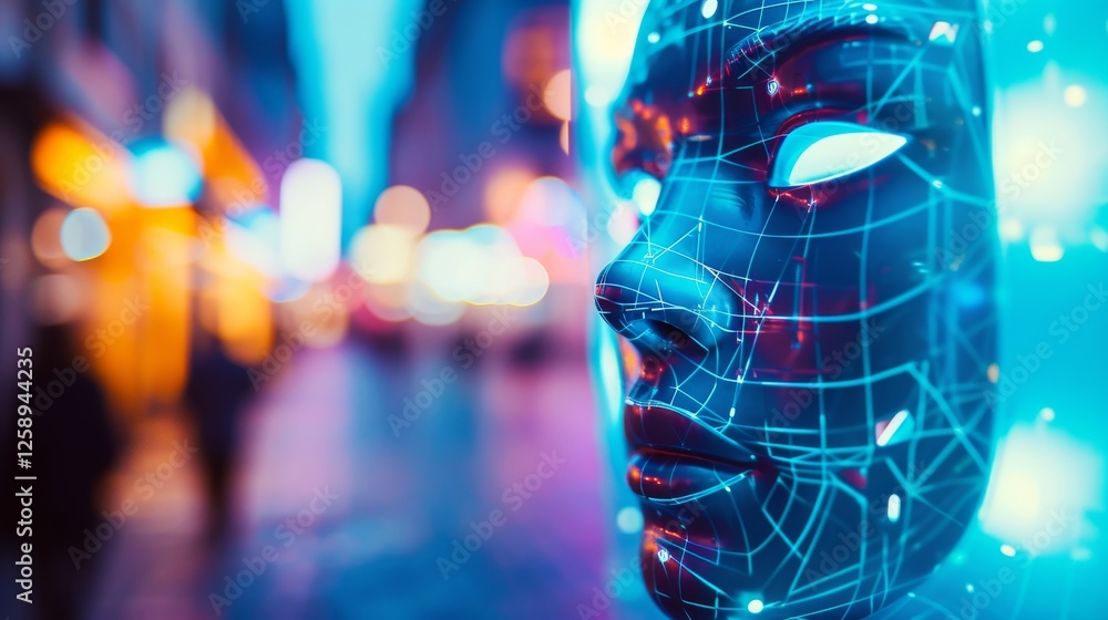 Poster a detailed ai-generated image of a robotic face illuminated with glowing blue neon grid patterns, se