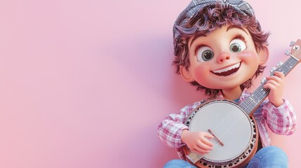 Fototapeta premium Cartoon Boy Playing Banjo On Light Pink Background