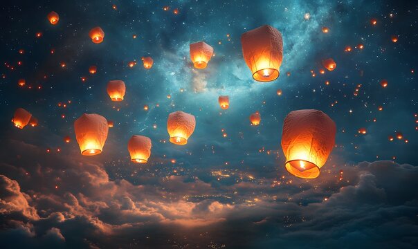 A sky full of floating paper lanterns against a starry night, illuminating the darkness - Powered by Adobe